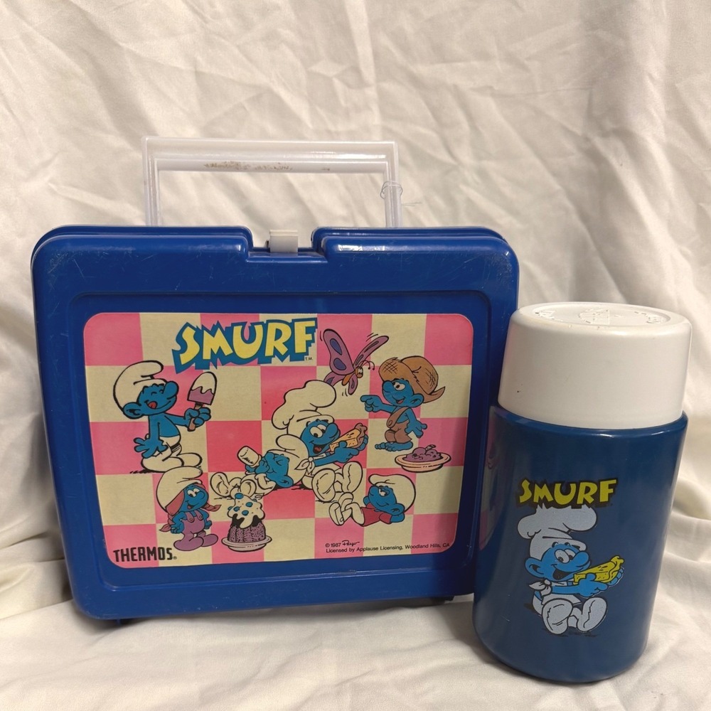Vintage Thermos Smurfs Lunchbox Retro Blue Vintage 1987 Plastic Set Kidcore